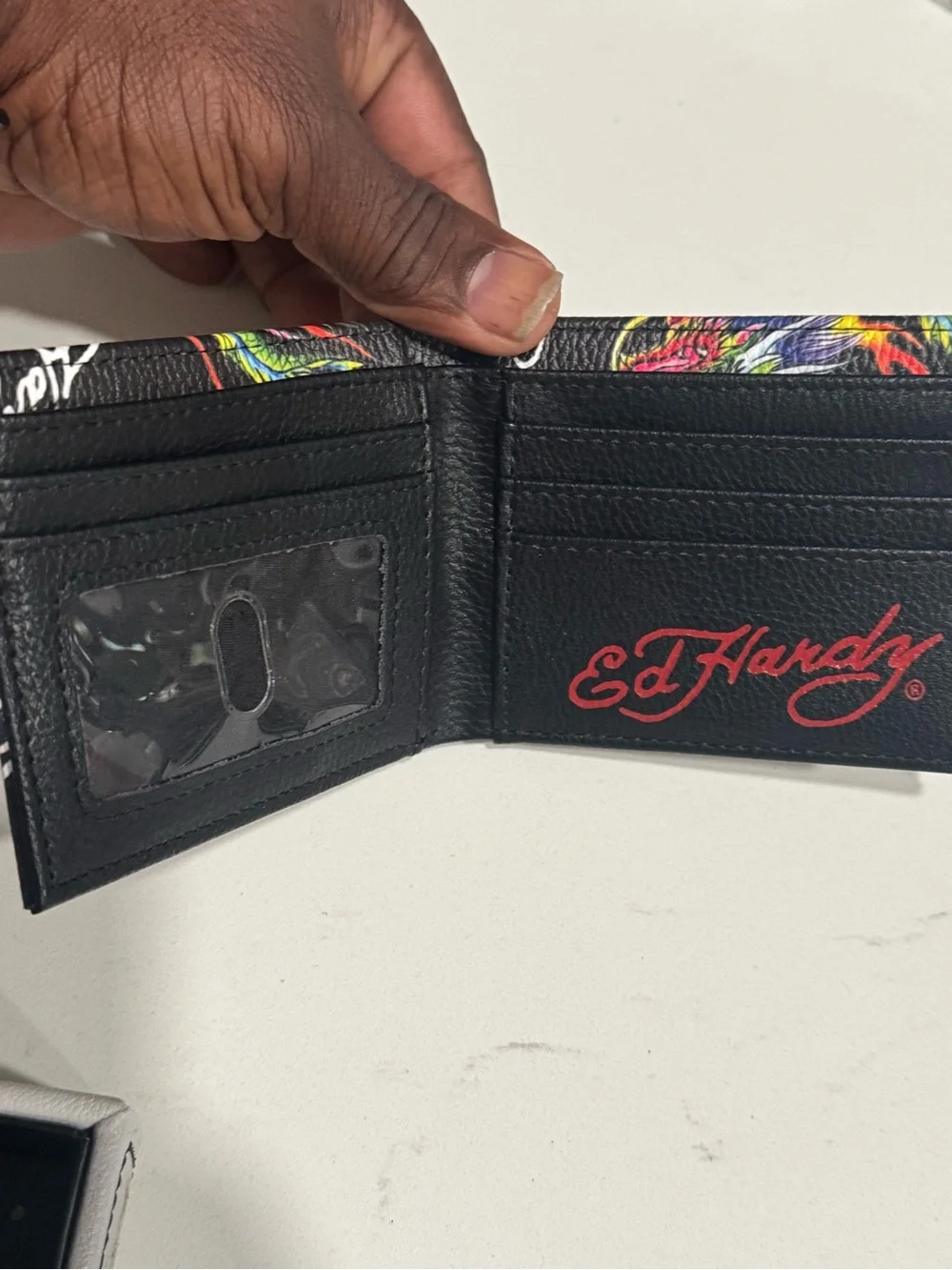 Ed Hardy Black Leather Wallet with Multicolor Dragon Art
